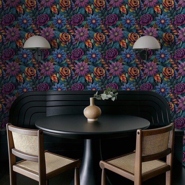 Carta da parati Fiori dai colori vivaci e brillanti su sfondo blu navy intenso, Parati fiori e piante classici, a00871 : Uwalls.it