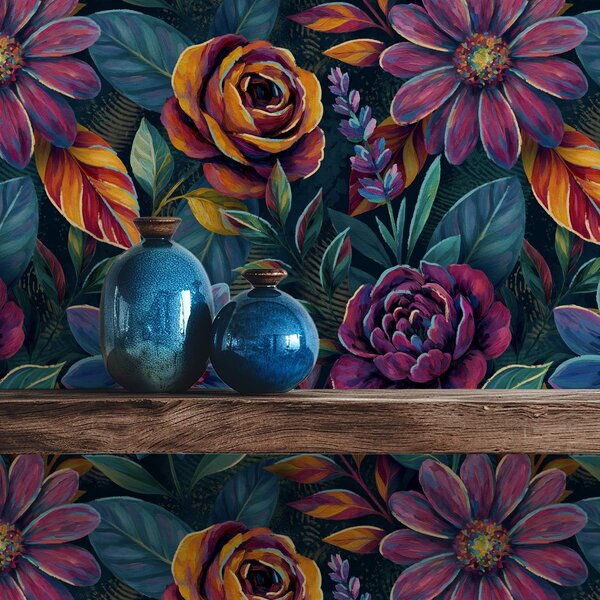 Carta da parati Fiori dai colori vivaci e brillanti su sfondo blu navy intenso, Parati fiori e piante classici, a00871 : Uwalls.it