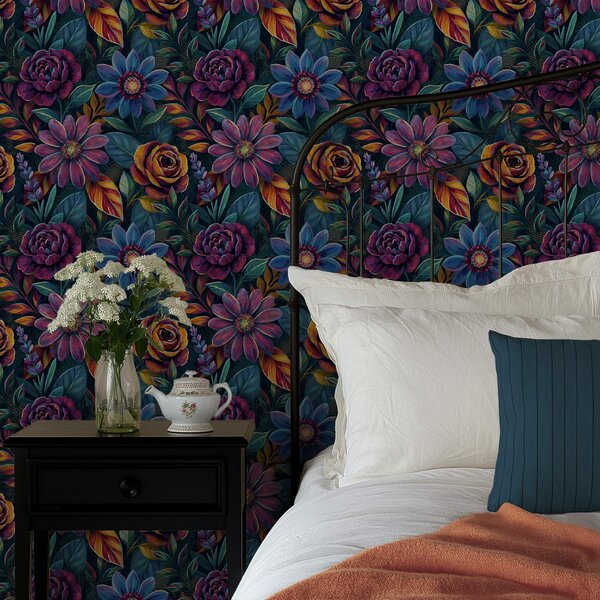 Carta da parati Fiori dai colori vivaci e brillanti su sfondo blu navy intenso, Parati fiori e piante classici, a00871 : Uwalls.it
