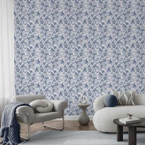 Carta da parati Uccelli e rose blu su fondo bianco, Parati fiori e piante classici, a00873 : Uwalls.it