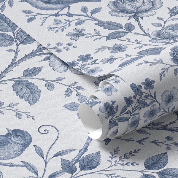 Carta da parati Uccelli e rose blu su fondo bianco, Parati fiori e piante classici, a00873 : Uwalls.it