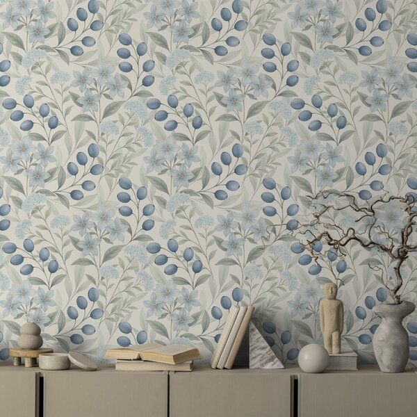Carta da parati Mirtilli blu e fiori chiari su avorio, Parati fiori e piante classici, a00872 : Uwalls.it
