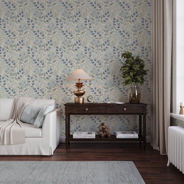 Carta da parati Mirtilli blu e fiori chiari su avorio, Parati fiori e piante classici, a00872 : Uwalls.it