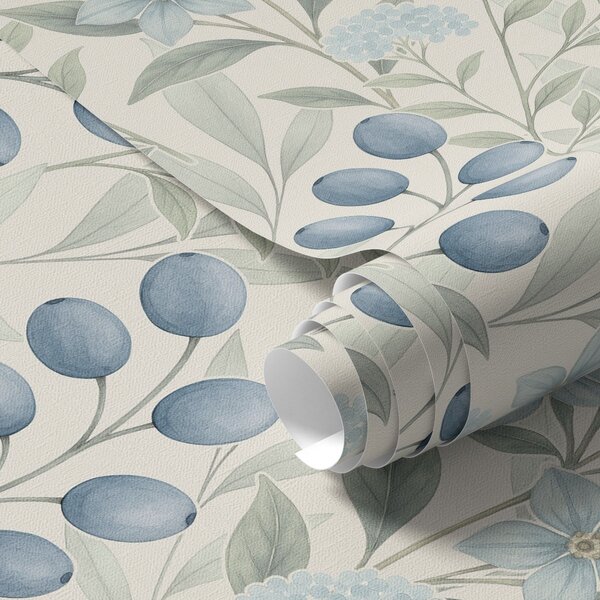 Carta da parati Mirtilli blu e fiori chiari su avorio, Parati fiori e piante classici, a00872 : Uwalls.it