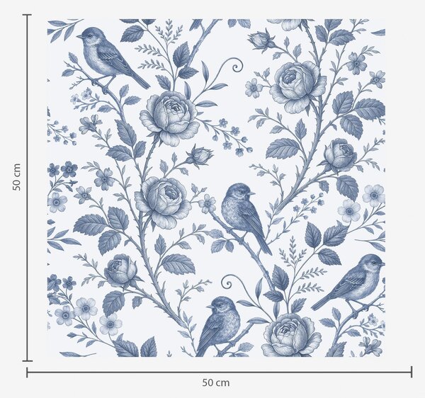 Carta da parati Uccelli e rose blu su fondo bianco, Parati fiori e piante classici, a00873 : Uwalls.it