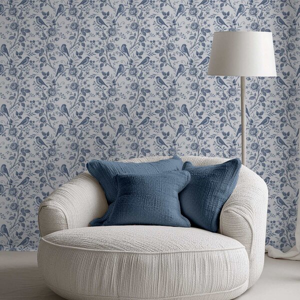 Carta da parati Uccelli e rose blu su fondo bianco, Parati fiori e piante classici, a00873 : Uwalls.it