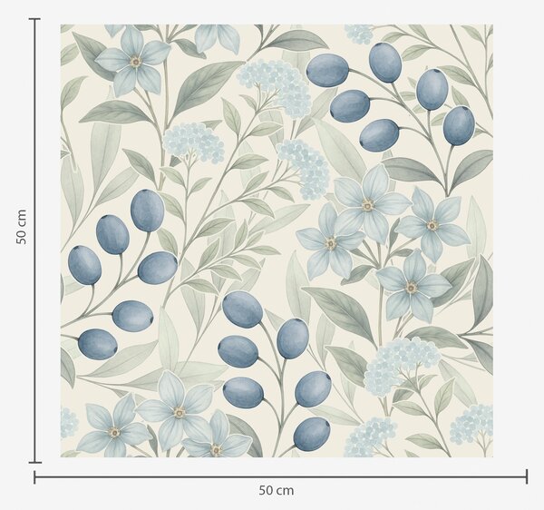 Carta da parati Mirtilli blu e fiori chiari su avorio, Parati fiori e piante classici, a00872 : Uwalls.it