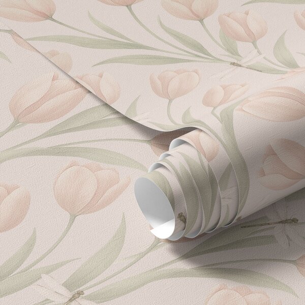 Carta da parati Tulipani pastello con libellule su sfondo rosa cipria, Parati fiori e piante classici, a00876 : Uwalls.it