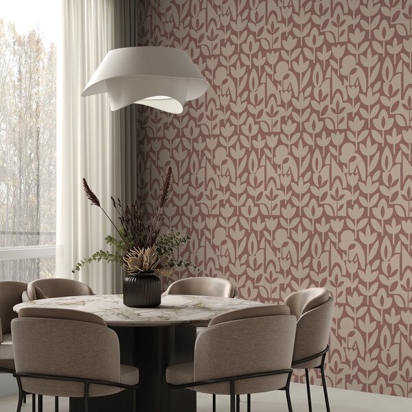 Carta da parati Silhouette floreali geometriche in terracotta e crema, Parati fiori e piante classici, a00875v2 : Uwalls.it
