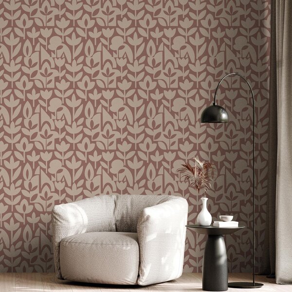 Carta da parati Silhouette floreali geometriche in terracotta e crema, Parati fiori e piante classici, a00875v2 : Uwalls.it