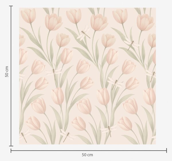 Carta da parati Tulipani pastello con libellule su sfondo rosa cipria, Parati fiori e piante classici, a00876 : Uwalls.it