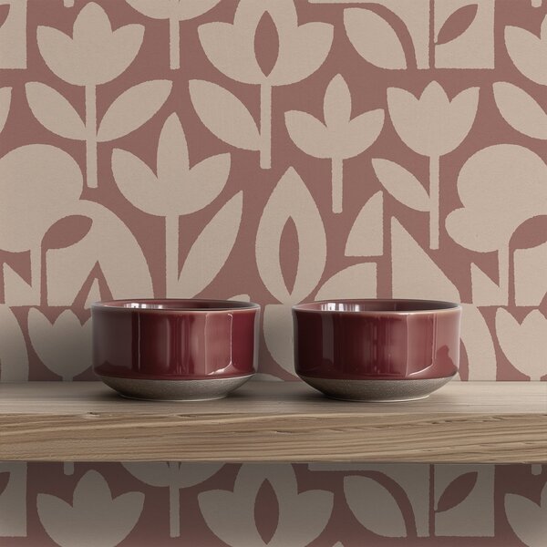Carta da parati Silhouette floreali geometriche in terracotta e crema, Parati fiori e piante classici, a00875v2 : Uwalls.it