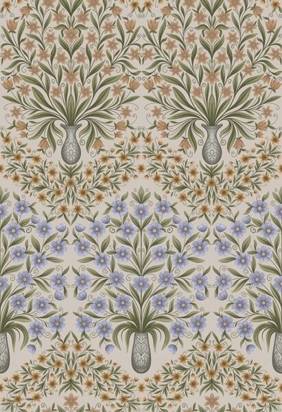 Carta da parati Vasi folk con fiori blu e foglie di olivo su sfondo rosa cipria, Parati fiori e piante classici, a00900 : Uwalls.it
