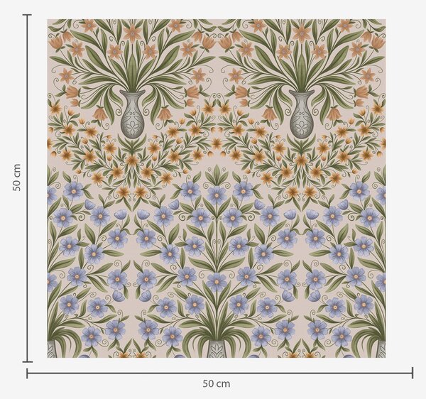 Carta da parati Vasi folk con fiori blu e foglie di olivo su sfondo rosa cipria, Parati fiori e piante classici, a00900 : Uwalls.it