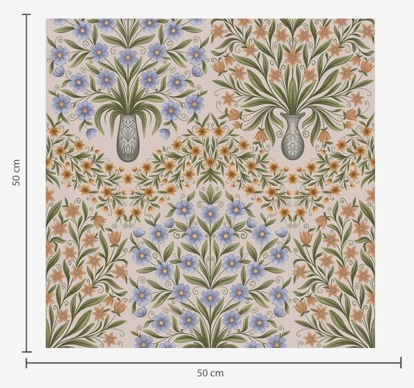 Carta da parati Vasi alternati e fiori blu su sfondo color salvia e rosa cipria, Parati fiori e piante classici, a00901 : Uwalls.it