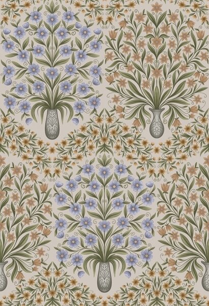 Carta da parati Vasi alternati e fiori blu su sfondo color salvia e rosa cipria, Parati fiori e piante classici, a00901 : Uwalls.it