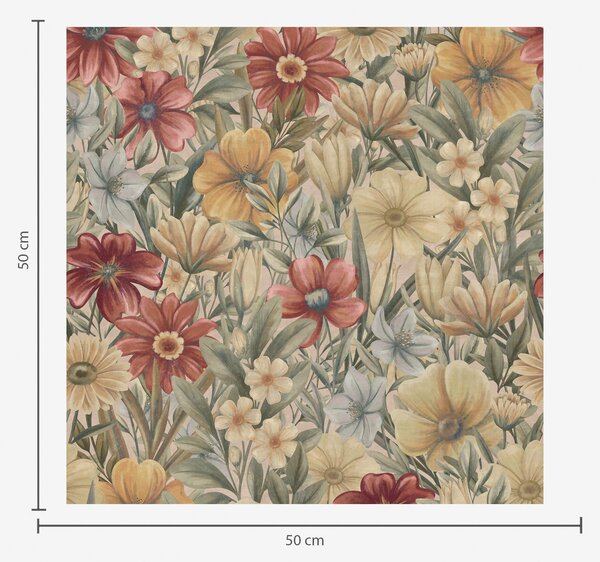 Carta da parati Prato vintage fiorito nei toni caldi del giallo, rosso e salvia, Parati fiori e piante classici, a00906 : Uwalls.it