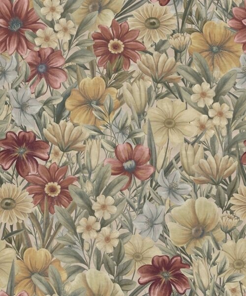 Carta da parati Prato vintage fiorito nei toni caldi del giallo, rosso e salvia, Parati fiori e piante classici, a00906 : Uwalls.it