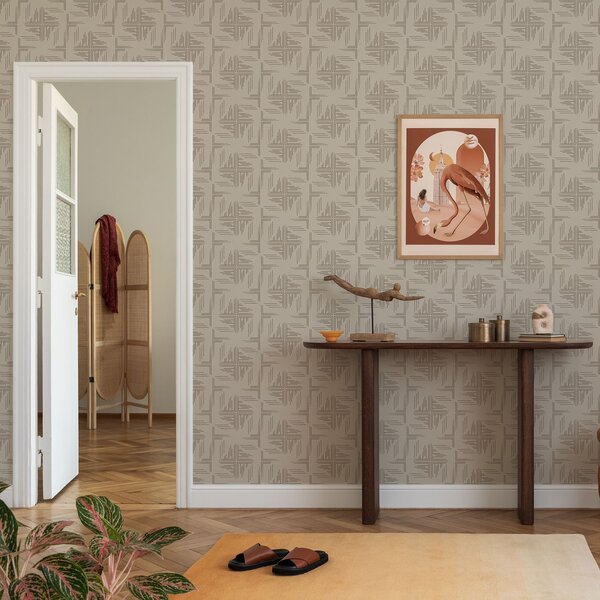 Carta da parati Blocchi angolari in cacao sfalsati con accenti di linee sparse, beige, Parati astratta classici, a00912 : Uwalls.it