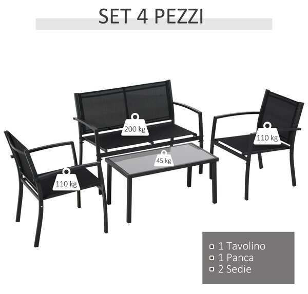 Outsunny Salotto da Esterno, Set 4 Pezzi con 1 Tavolino, 2 Sedie da Giardino e 1 Panca in Metallo, Nero|Aosom