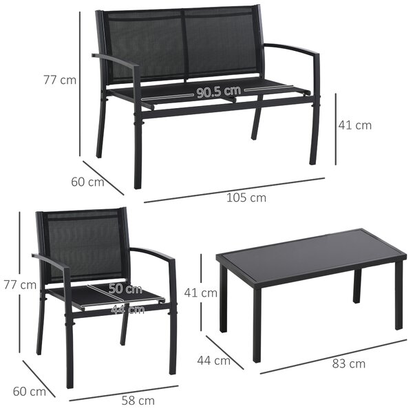 Outsunny Salotto da Esterno, Set 4 Pezzi con 1 Tavolino, 2 Sedie da Giardino e 1 Panca in Metallo, Nero|Aosom