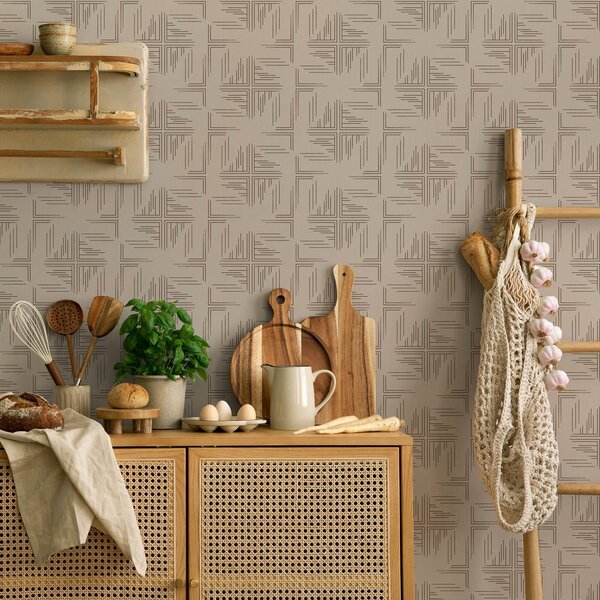 Carta da parati Blocchi angolari in cacao sfalsati con accenti di linee sparse, beige, Parati astratta classici, a00912 : Uwalls.it