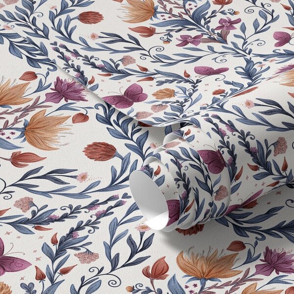 Carta da parati Damasco floreale con farfalle su crema calda, Parati fiori e piante classici, a00926v2 : Uwalls.it
