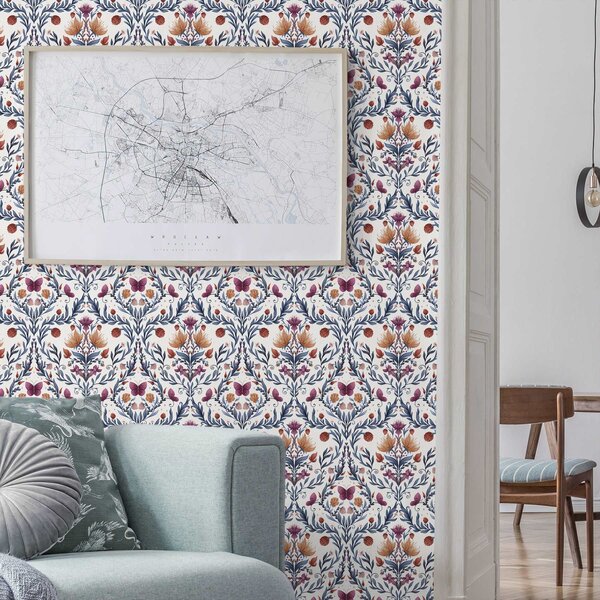 Carta da parati Damasco floreale con farfalle su crema calda, Parati fiori e piante classici, a00926v2 : Uwalls.it