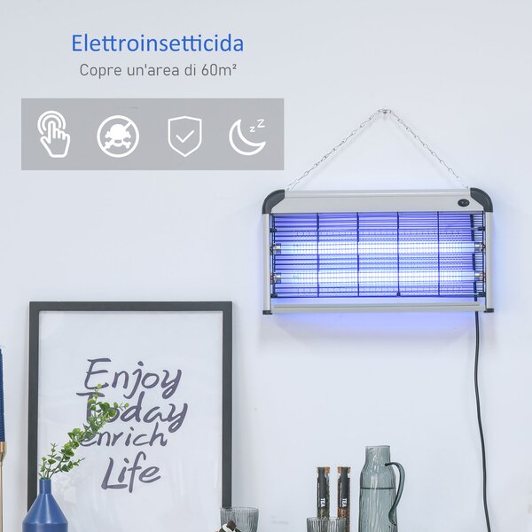 Outsunny Elettroinsetticida da Esterno e Interno con Lampada Antizanzare UV per 60m², Zanzariera Elettrica 30W Argento|Aosom