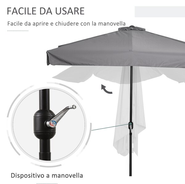 Outsunny Ombrellone Semicircolare da Terrazza Grigio, Mezzaluna per Parete con Manovella, 230x130x249cm, Ottimo per Spazi Ridotti|Aosom
