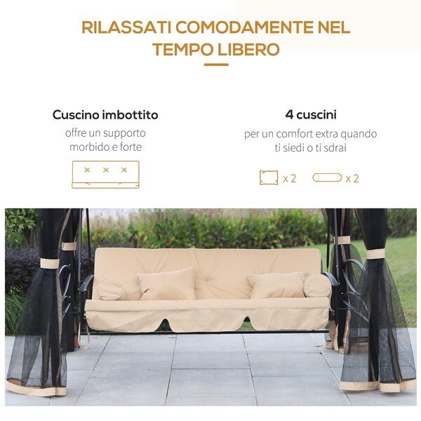 Outsunny Dondolo 3 Posti Convertibile in Lettino Singolo, Beige, con Zanzariera e Cuscini, 256x172x248cm, Multifunzione|Aosom
