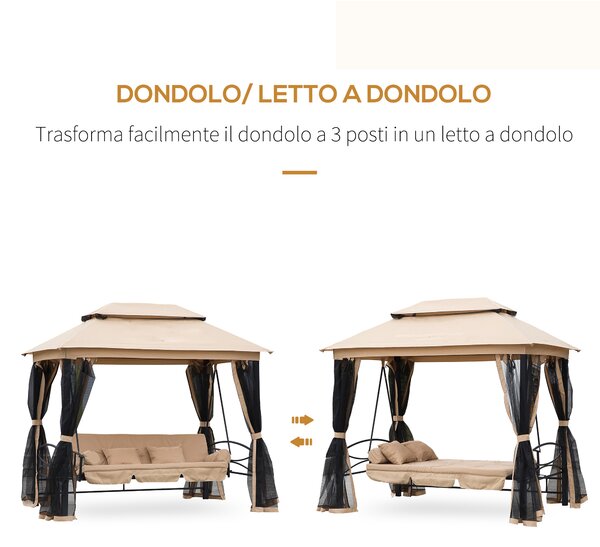 Outsunny Dondolo 3 Posti Convertibile in Lettino Singolo, Beige, con Zanzariera e Cuscini, 256x172x248cm, Multifunzione|Aosom