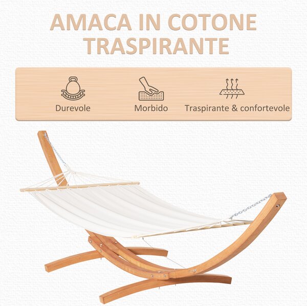 Outsunny Amaca con Supporto in Legno e Cotone, Amaca da Giardino per altri Spazi Esterni, 392x120x102cm, Bianca|Aosom