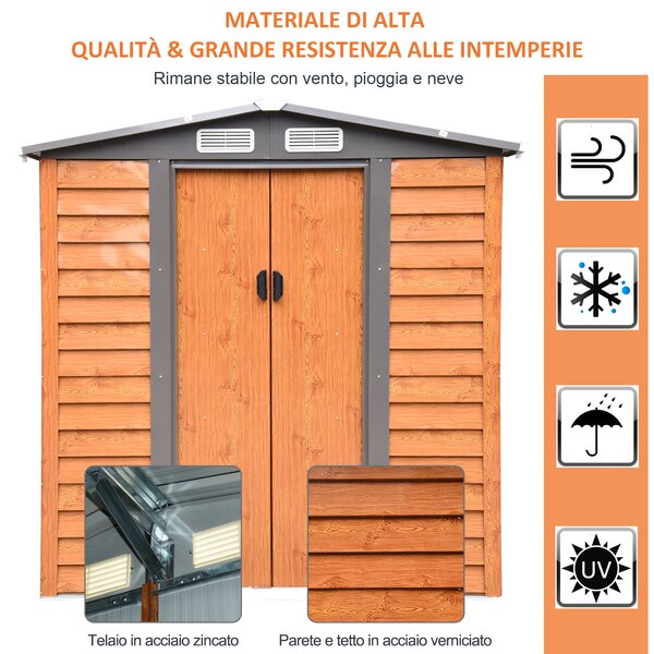 Outsunny Casetta da Giardino in acciaio e PP con Prese d'Aria e Base, 197.5x160x178-201cm, Marrone|Aosom