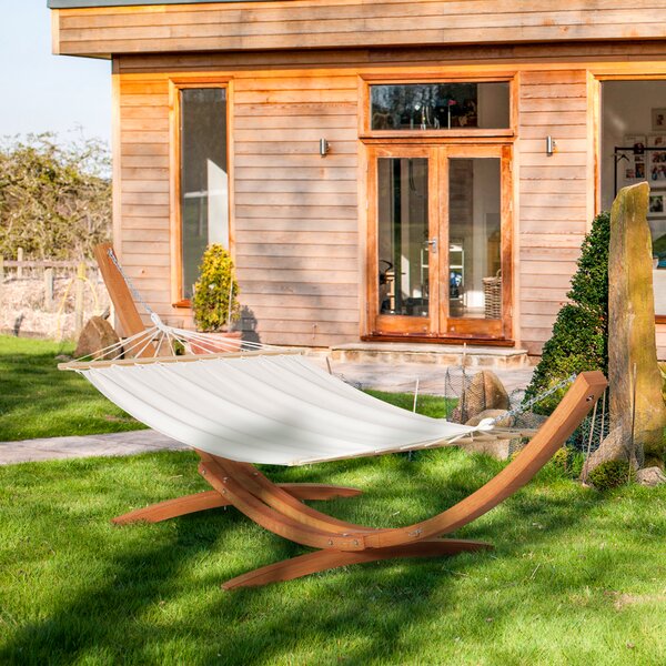 Outsunny Amaca con Supporto in Legno e Cotone, Amaca da Giardino per altri Spazi Esterni, 392x120x102cm, Bianca|Aosom