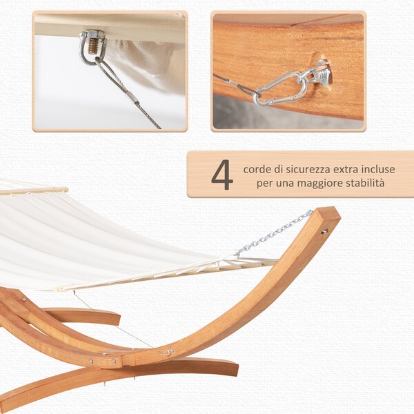 Outsunny Amaca con Supporto in Legno e Cotone, Amaca da Giardino per altri Spazi Esterni, 392x120x102cm, Bianca|Aosom