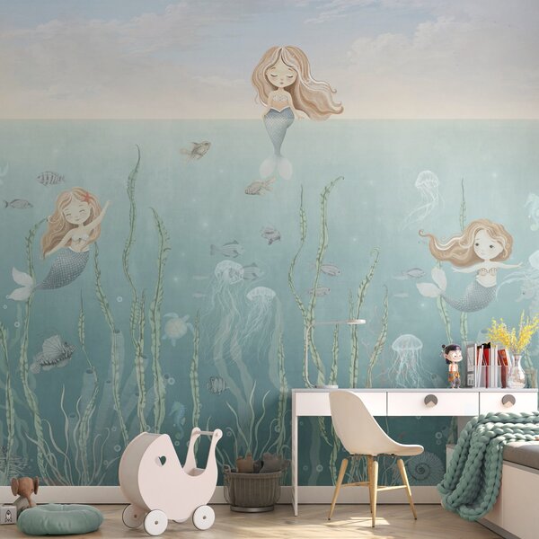 Carta da parati Sirene giocose sott'acqua con alghe, meduse e pesci, Carta da parati per Bambini, w04860 : Uwalls.it