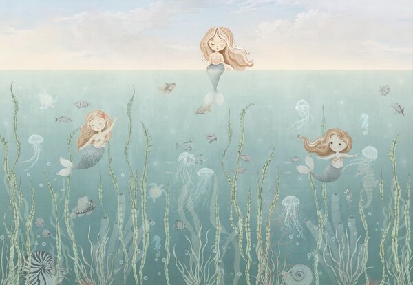 Carta da parati Sirene giocose sott'acqua con alghe, meduse e pesci, Carta da parati per Bambini, w04860 : Uwalls.it