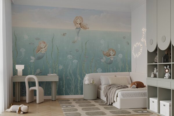 Carta da parati Sirene giocose sott'acqua con alghe, meduse e pesci, Carta da parati per Bambini, w04860 : Uwalls.it