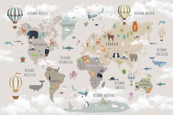 Carta da parati Mappa del mondo per bambini con animali e mongolfiere. Lingua spagnola., Carta da parati per Bambini, c00002es : Uwalls.it