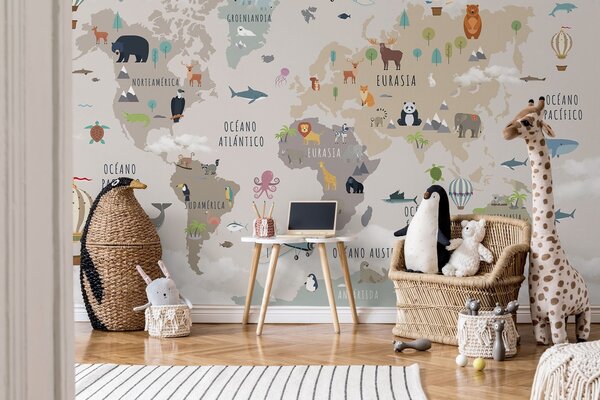 Carta da parati Mappa del mondo per bambini con animali e mongolfiere. Lingua spagnola., Carta da parati per Bambini, c00002es : Uwalls.it