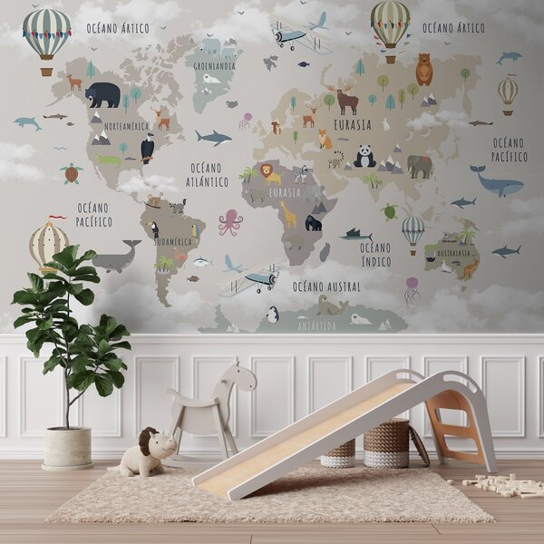 Carta da parati Mappa del mondo per bambini con animali e mongolfiere. Lingua spagnola., Carta da parati per Bambini, c00002es : Uwalls.it