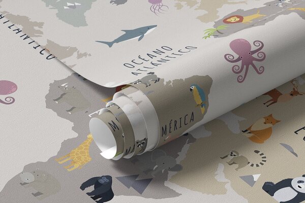 Carta da parati Mappa del mondo per bambini con animali e mongolfiere. Lingua spagnola., Carta da parati per Bambini, c00002es : Uwalls.it