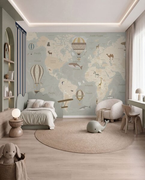 Carta da parati murale Mappa del mondo con aerei e mongolfiere, Carta da parati popolare, Carta da parati popolare, u36066 - Muralas.it