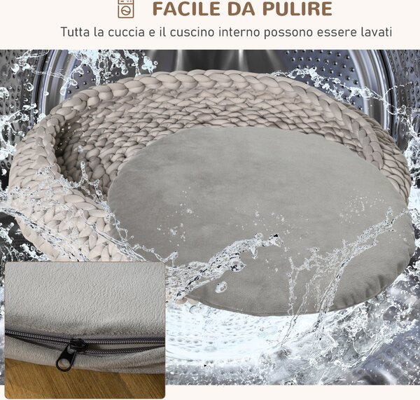 PawHut Cuccia per Cani e Gatti Rotonda con Bordi Rialzati e Cuscino, Lettino per Cani Imbottito Effetto Velluto, Φ93x15cm, Grigia|Aosom