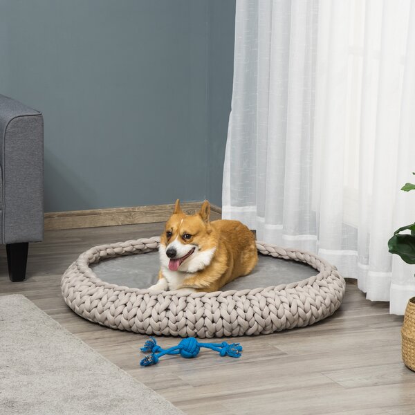 PawHut Cuccia per Cani e Gatti Rotonda con Bordi Rialzati e Cuscino, Lettino per Cani Imbottito Effetto Velluto, Φ93x15cm, Grigia|Aosom