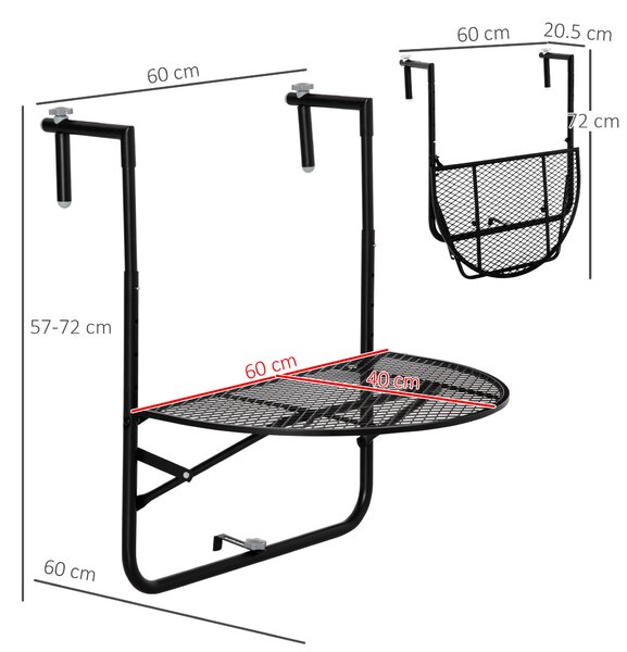 Outsunny Tavolo da Ringhiera Pieghevole, Metallo, Altezza Regolabile, Ideale per Balconi, 60x60x57-72cm, Nero|Aosom