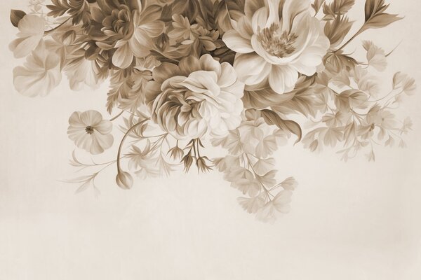 Carta da parati Composizione floreale vintage con rose, peonie e altri fiori dalla texture, Carta da parati Floreale, w09532v1 : Uwalls.it