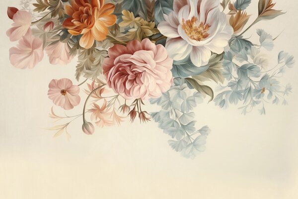Carta da parati Composizione floreale vintage con rose, peonie e altri fiori dalla texture particolare, Carta da parati Floreale, w09532 : Uwalls.it