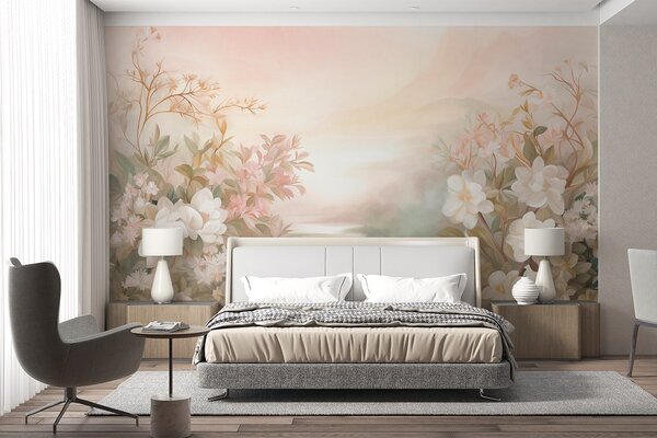 Carta da parati Un paesaggio con un fiume circondato da fiori e piante, colori tenui, cielo rosa, stile, Carta da parati Floreale, w09537 : Uwalls.it